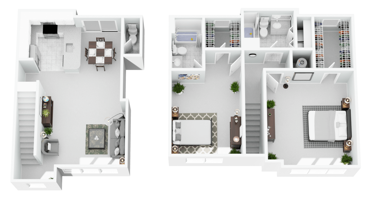 Two images of a house layout with a kitchen